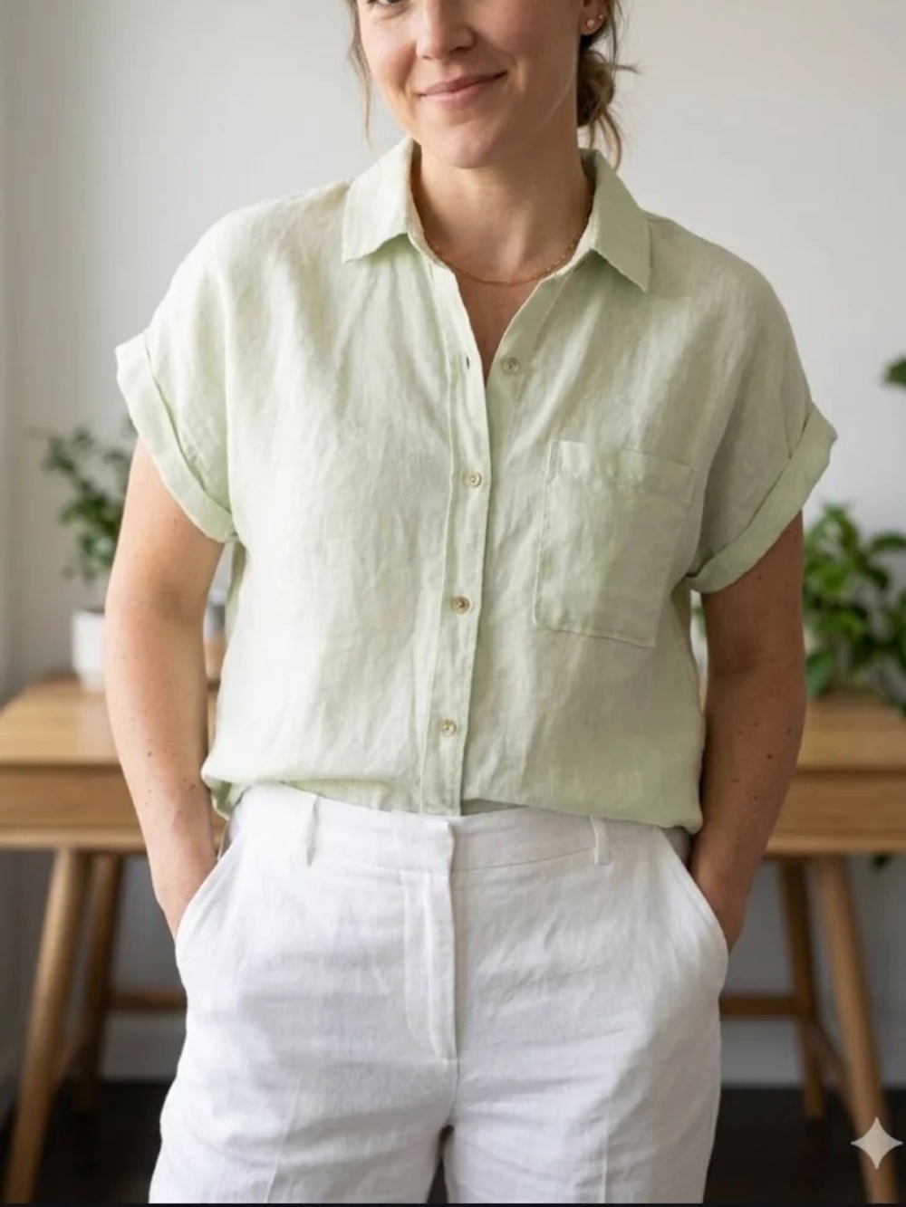 Philosophy Boho Linen Button Down Short Sleeve Shirt Sz L